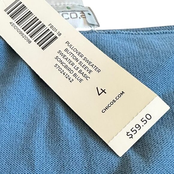 Chico's Pullover Sweater Crew Neck Button Sleeves Songbird Blue Size 4 XL NWT - Picture 4 of 9